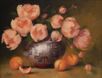 Polychrome Pot with Peonies and Peaches by Denise Imke