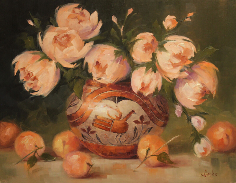 Rainbow Pot with Peaches and Peonies by Denise Imke