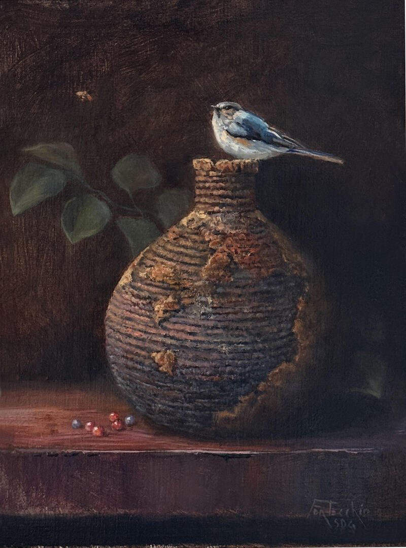 Apache Water Pot, Hackberries, and Bluebird