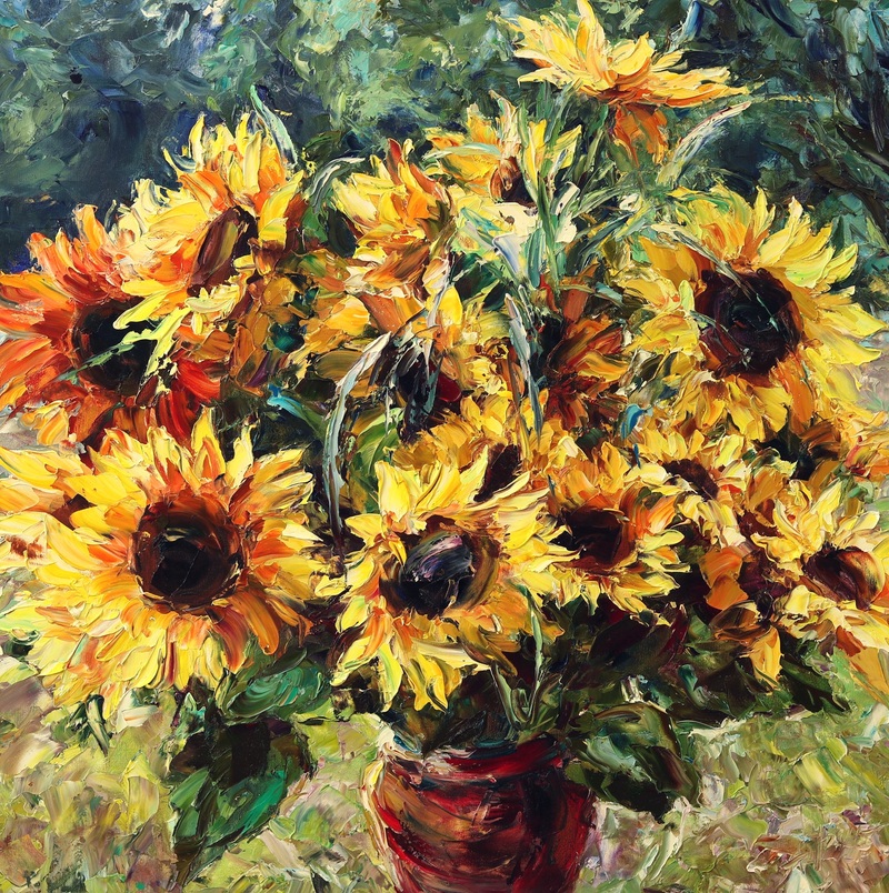 Sunflowers in Red Vase by Lyudmila Agrich